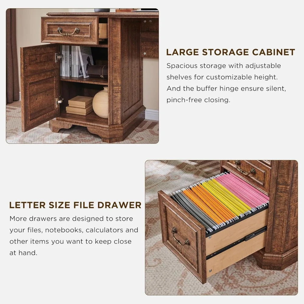 59 Inch L Shaped Executive Desk with Hutch Farmhouse Wood Computer Desk Featuring Charging Station File Drawer Storage Cabinet - Happy Home Retreat