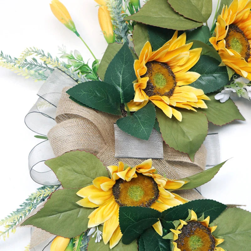 22 Inch Artificial Sunflower Wreath for Front Door Summer Decor with Burlap Bow and Leaves - Happy Home Retreat
