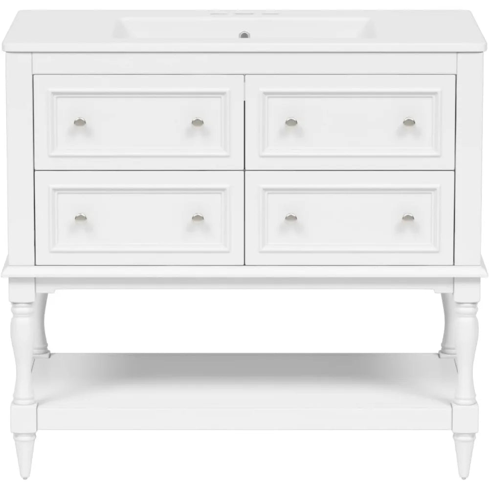 36 Inch Bathroom Vanity with Sink Farmhouse Bathroom Vanity Storage Cabinet with 4 Drawers and Open Shelf Solid Wood Frame - Happy Home Retreat