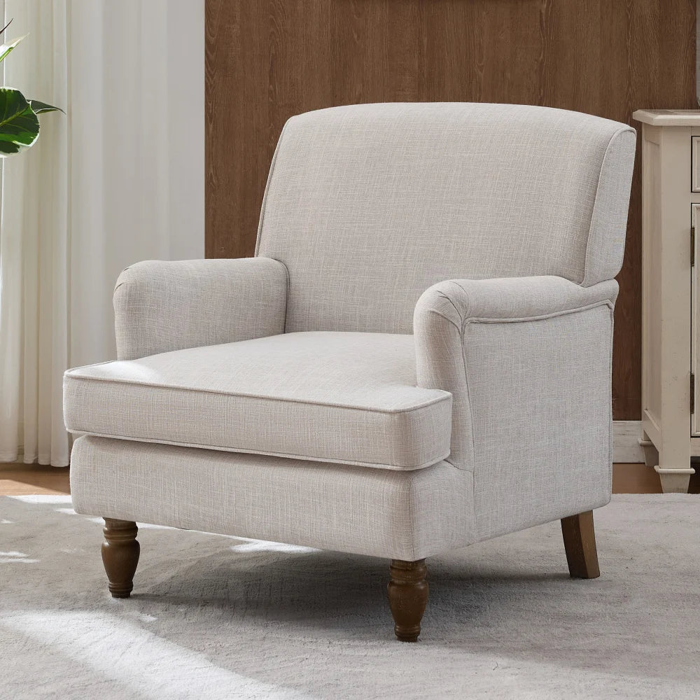 Linen Armchair Vintage Style Accent Chair With Wood Legs - Happy Home Retreat