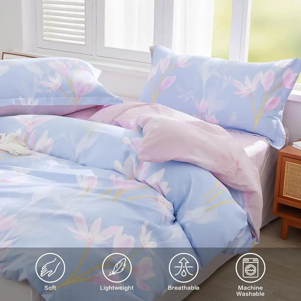 Floral Cotton Duvet Cover Set Full Size 3pcs Magnolia Blossom Printed Comforter Cover Soft Durable Machine Washable Bedding - Happy Home Retreat