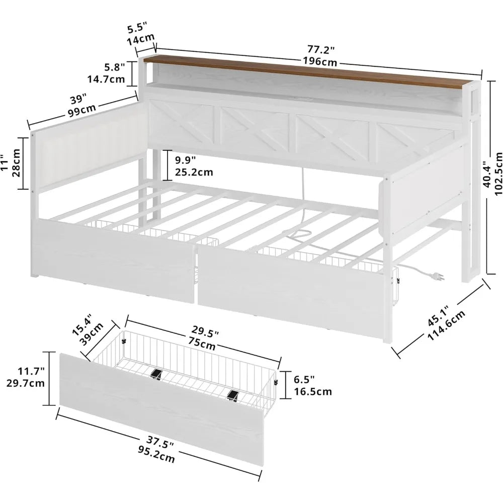 Twin Size Daybed with Storage Drawers Sturdy Metal Frame Charging Station Upholstered Farmhouse Style - Happy Home Retreat