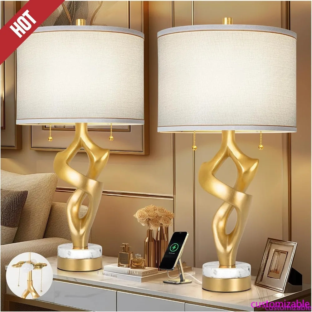 Sculptural Table Lamp Set Of 2 For Living Room Marble Bases USB Ports Rustic - Happy Home Retreat